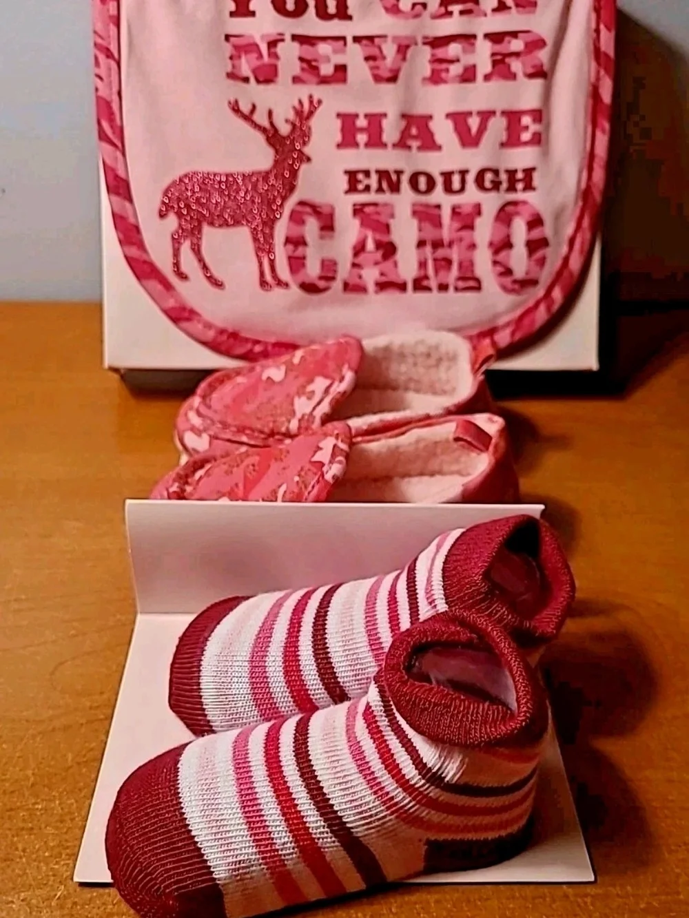 Pink Camo Baby Bib + Slippers & Socks Set By ABG New 6-12 Months